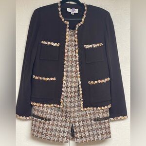 Brown Tweed-Trim St John Women Jacket with a matching skirt (Escada).